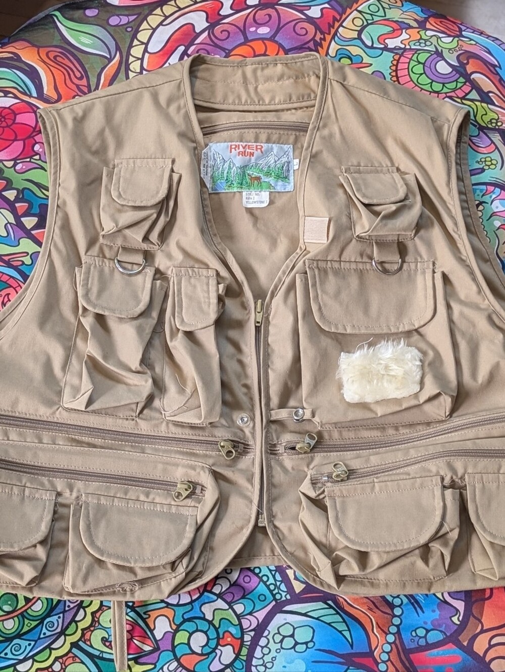 River Run Vintage Multi-Pocket Utility Vest in Khaki Size Large Full Zip Pockets